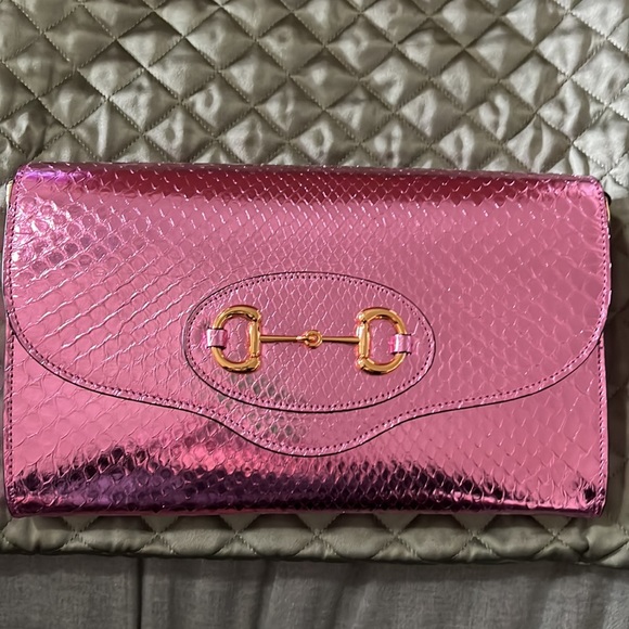 NWT Pink Shiny Gucci Horsebit ‘55 Anaconda Bag Comes with EVERYTHING - Picture 6 of 16